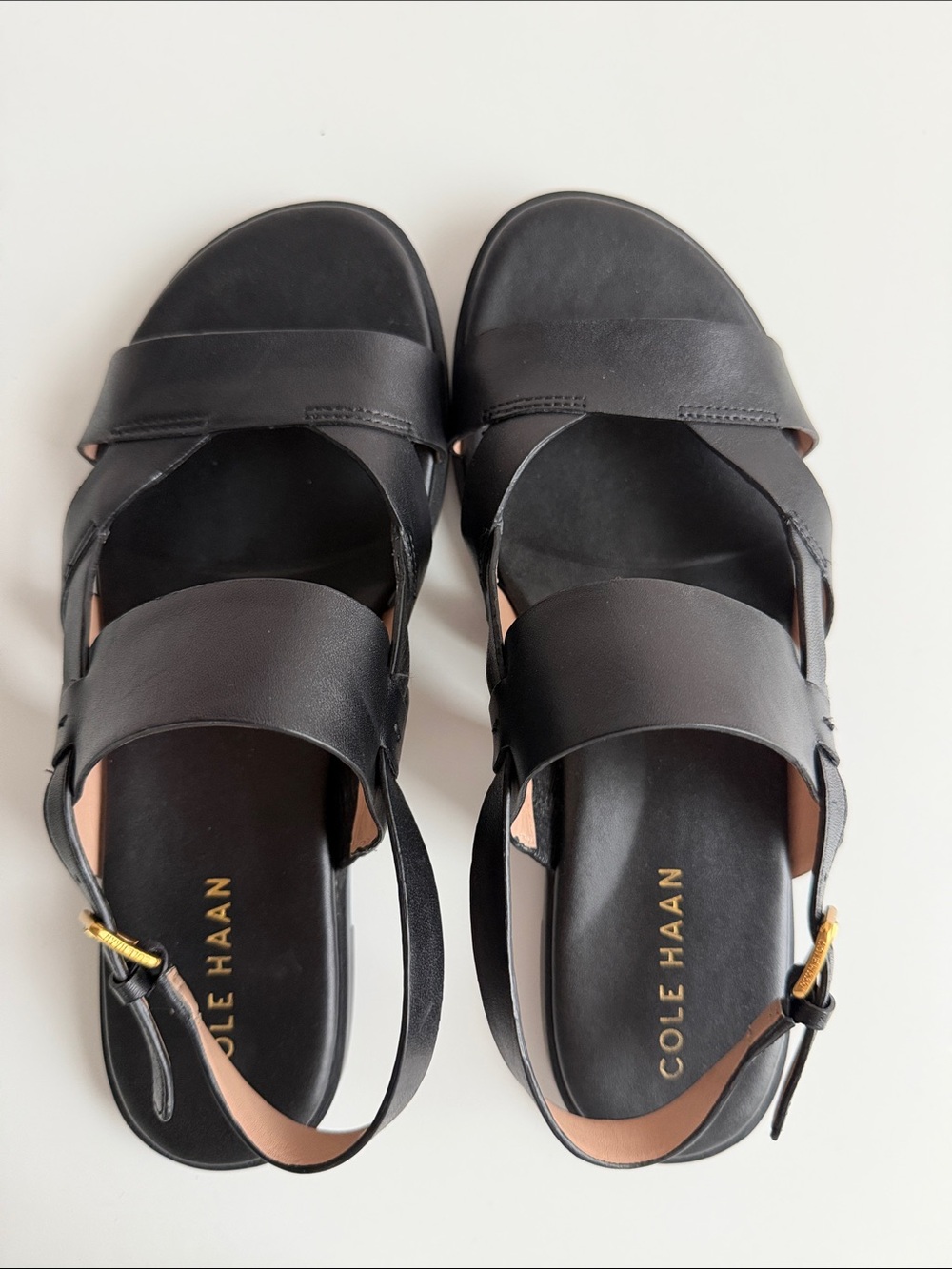 Cole Haan black leather sandal size 7 gold buckle adjustable ankle strap